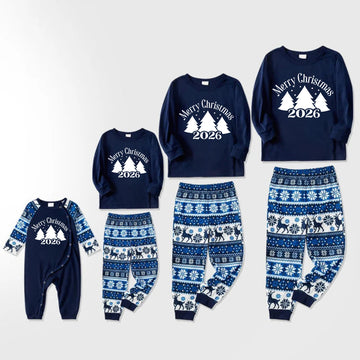 Joyful Blue Christmas Pajamas Set with Christmas Tree and Slogan Designs