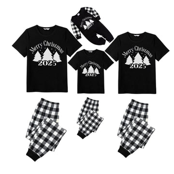 Black and White Plaid Short Sleeve Christmas Pajamas Set with Christmas Tree and Slogan Designs
