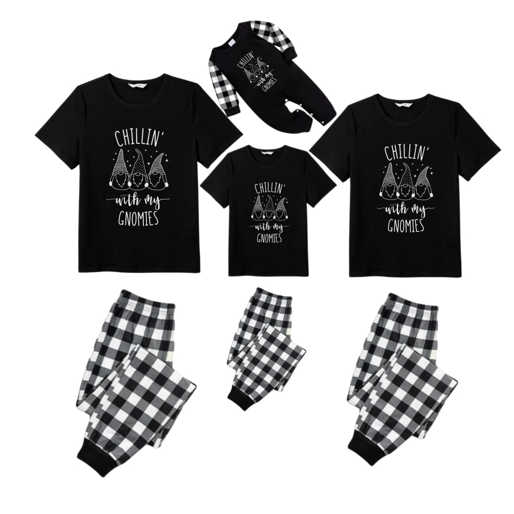 Black and White Plaid Short Sleeve Christmas Pajamas Set with Gnome and Humorous Holiday Text Prints
