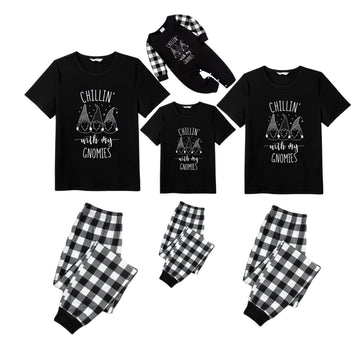 Black and White Plaid Short Sleeve Christmas Pajamas Set with Gnome and Humorous Holiday Text Prints