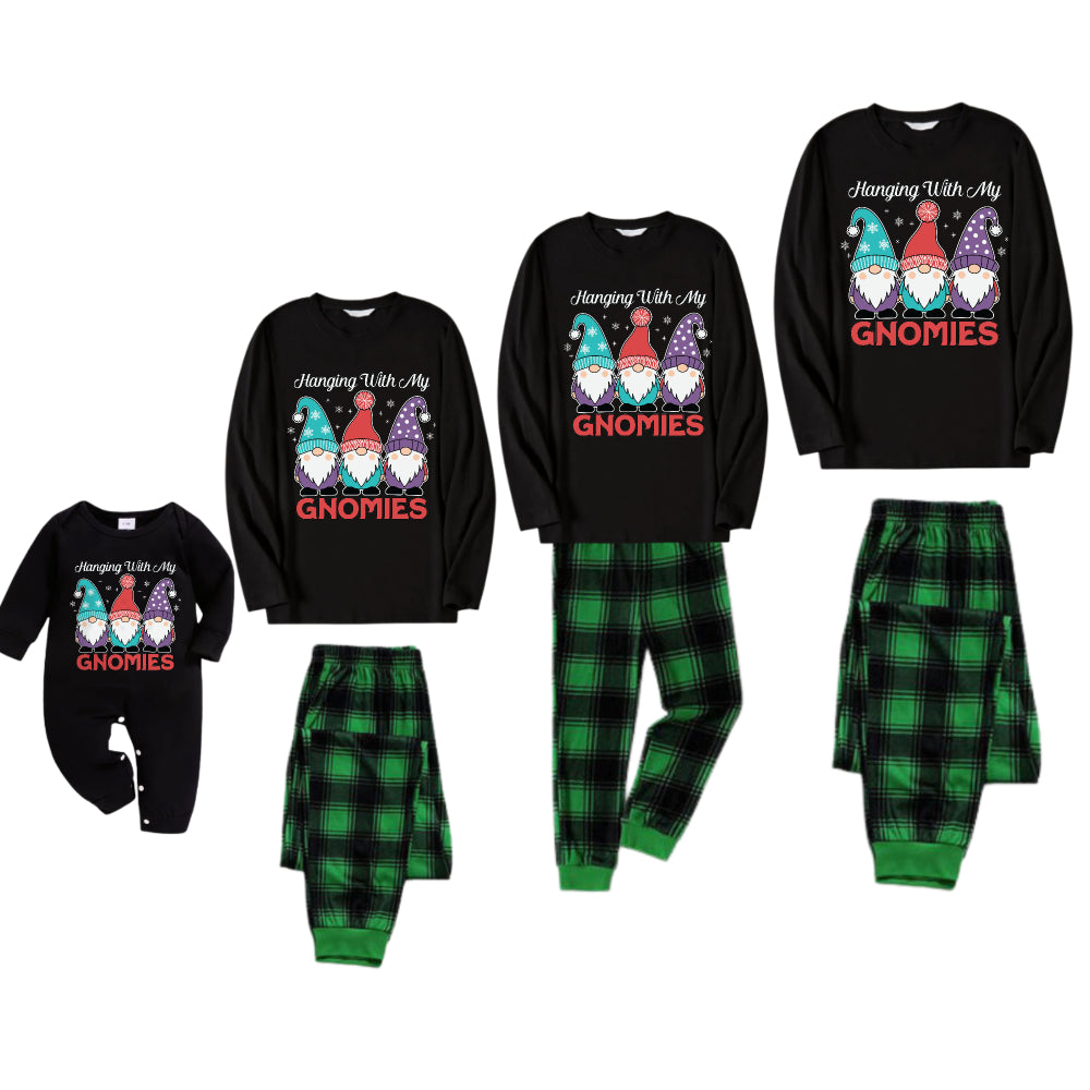 Christmas Family Matching Pajamas-Black Top and Green Plaid Pants Pjs Set with Gnome Family and Christmas Slogan Print
