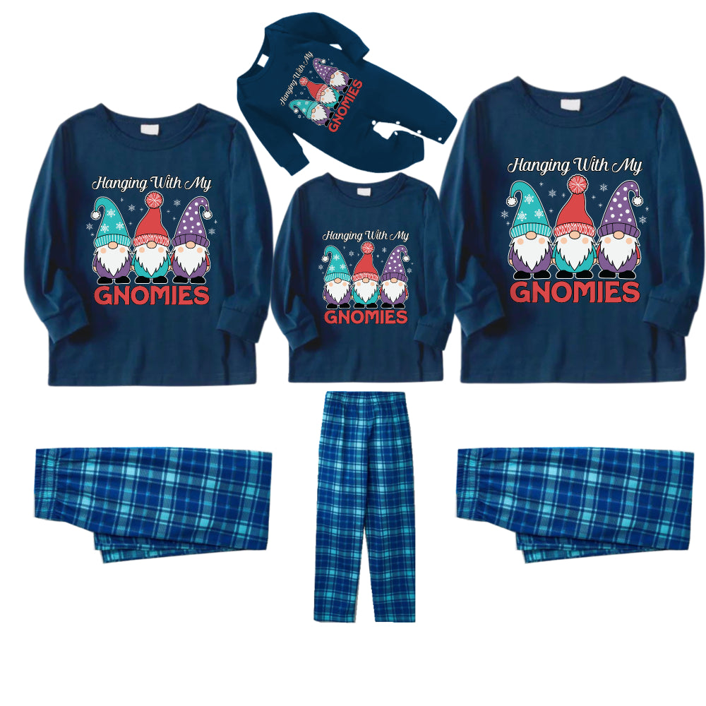 Christmas Family Matching Pajamas-Navy & Sky Blue Plaid Pjs Set with "Hanging With My Gnomies" and Gnome Cartoon Print