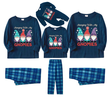 Christmas Family Matching Pajamas-Navy & Sky Blue Plaid Pjs Set with "Hanging With My Gnomies" and Gnome Cartoon Print