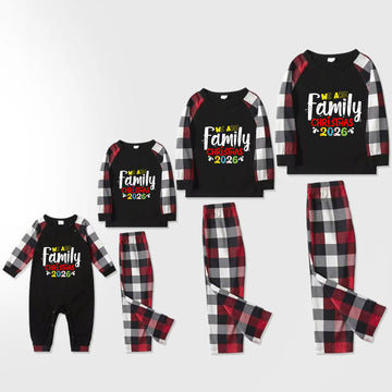 Christmas Family Matching Pajamas-Red and Gray Plaid Pjs set with "We Are Family" Christmas Slogan Print