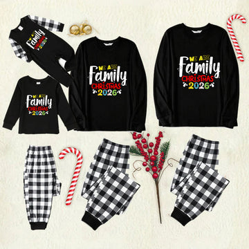 Black and White Plaid Christmas Pajamas Set With "We Are Family Christmas 2026" Artistic Text Print