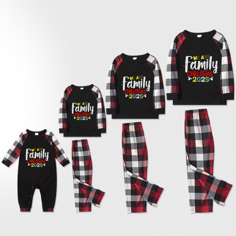 Christmas Family Matching Pajamas-Red and Gray Plaid Pjs set with "We Are Family" Christmas Slogan Print
