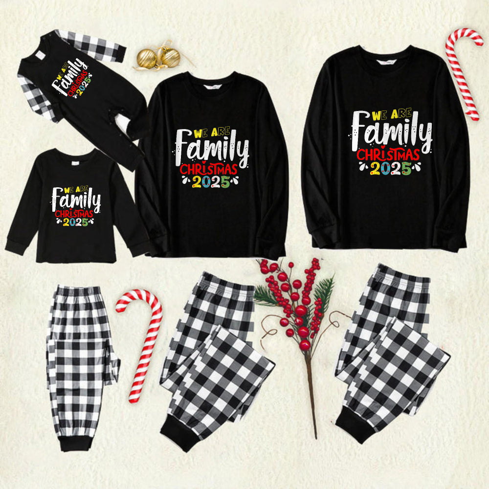 Black and White Plaid Christmas Pajamas Set With "We Are Family Christmas 2025" Artistic Text Print