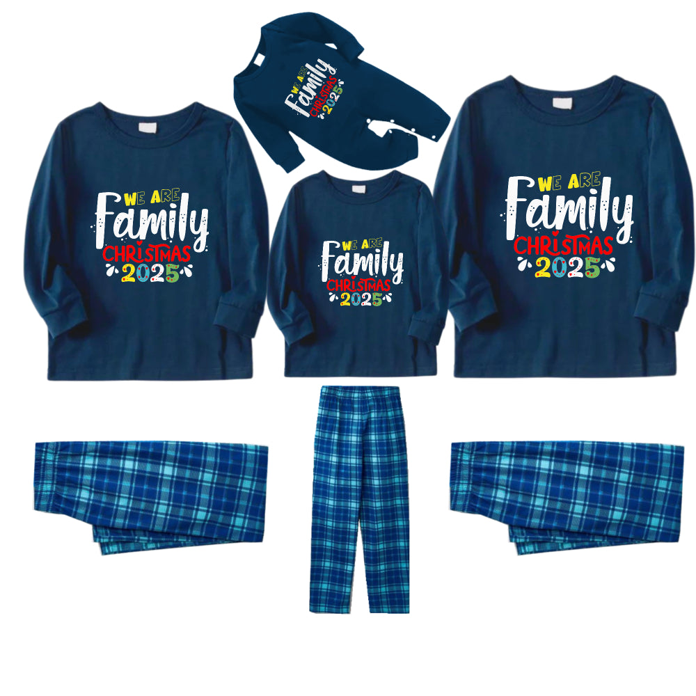 Christmas Family Matching Pajamas-Navy & Sky Blue Plaid Pjs Set with "We Are Family Christmas 2025" Artistic Font Print