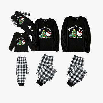 Hellokitty with Merry Christmas Letter and Tree Printed Black&White Plaid Family Pajama Sets