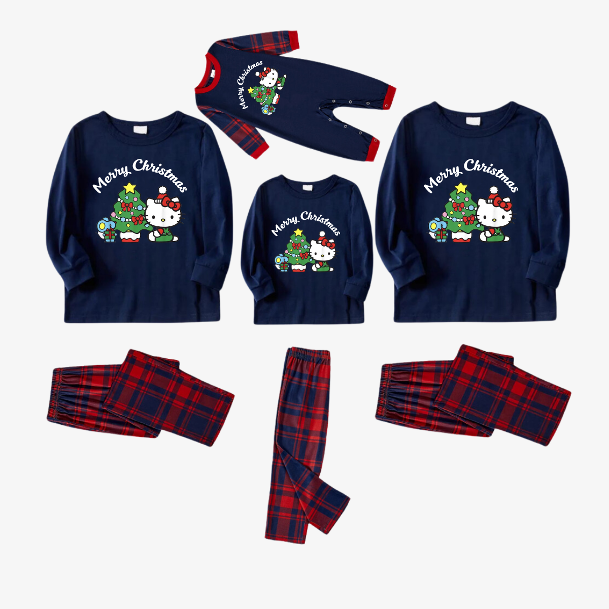 Hellokitty with Merry Christmas Letter and Tree Printed Red&Blue Plaid Family Pajama Sets