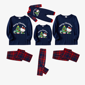 Hellokitty with Merry Christmas Letter and Tree Printed Red&Blue Plaid Family Pajama Sets