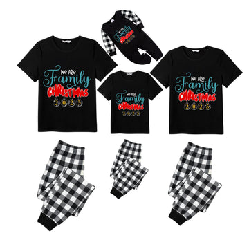 Black and White Plaid Short Sleeve Christmas Pajamas Set With We are Family Festive Lettering Print