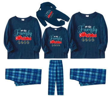 Christmas Family Matching Pajamas-Navy & Sky Blue Plaid Pjs Set with "We Are Family" Christmas Slogan Print