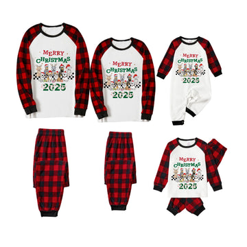 Red and Black Plaid Christmas Pajamas Set With Cute Doggy and Merry Christmas 2025 Cartoon Print