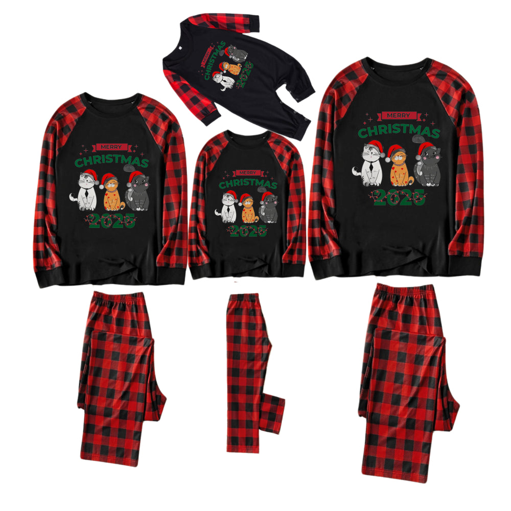 Red and Black Plaid Christmas Pajamas Set With Snowman and Slogan Designs