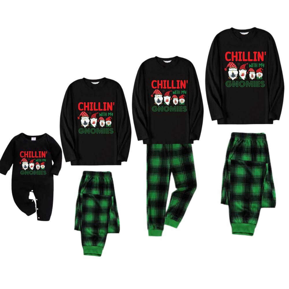 Christmas Family Matching Pajamas-Black Top and Green Plaid Pants Pjs Set with "Chillin With My Gnomies" Print