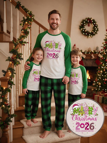 Two Piece Set Family Matching Christmas Pajamas 2026 Merry Christmas Tree Bow Reindeer Print Raglan Top Green Plaid Long Pants Holiday Sleepwear