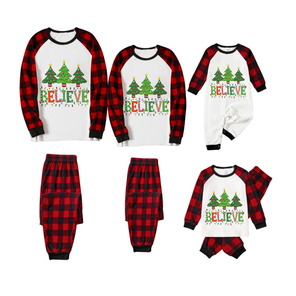 Red and Black Plaid Christmas Pajamas Set With Christmas Tree and "Believe" Print