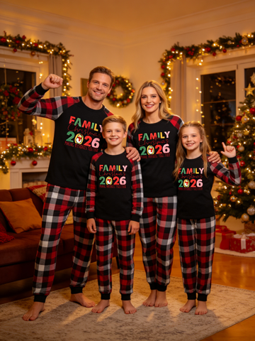 2026 Family Matching Christmas Pajama Set, Raglan Long Sleeve Top with Colorful Family Christmas Snowman Print, Red Black Buffalo Plaid Pants, Soft Cozy Loungewear for Family Holiday Photos