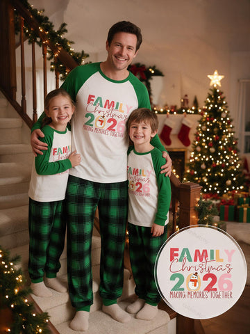 Family Matching Christmas Two Piece Set 2026 Family Christmas Snowman Letter Print Raglan Top Green Plaid Long Pants Family Holiday Matching Pajamas Set