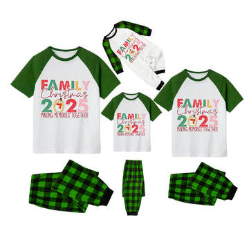 White Top Green Sleeves Green Plaid Pants Pajamas Set With Colorful Christmas Slogan Print