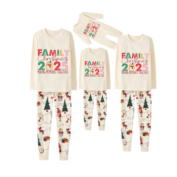 Beige Christmas Pattern Print Christmas Pajamas Set With "Family Christmas 2025 Making Memories Together" Colorful Text Print
