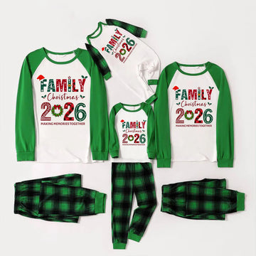 Green Raglan Top Green Plaid Christmas Pajamas Set With "FAMILY Christmas 2026" and Christmas Pattern Print