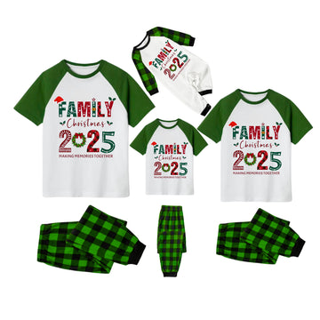 White Top Green Sleeves Green Plaid Pants Pajamas Set With "Family Christmas 2025" Text Print