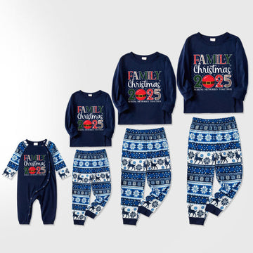 Joyful Blue Christmas Pajamas Set  With "Family Christmas 2025" Holiday Quotes