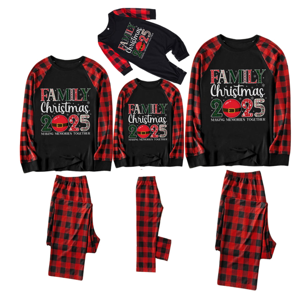 Red and Black Plaid Christmas Pajamas Set With Holiday Text Print