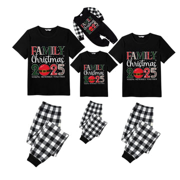Black and White Plaid Short Sleeve Christmas Pajamas Set With Santa Motif Print