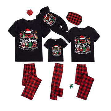 Red and Black Plaid Short Sleeve Christmas Pajamas Set With "Family Christmas 2026 Making Memories Together" Text Print
