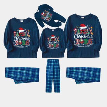 Navy & Sky Blue Plaid Christmas Pajamas Set With "Family Christmas 2026 Making Memories Together" Text Print