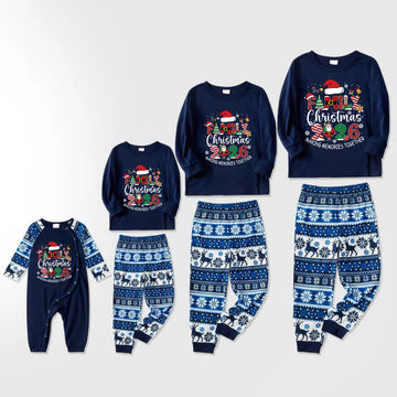 Joyful Blue Christmas Pajamas Set With "Family Christmas 2026 Making Memories Together" Text Print