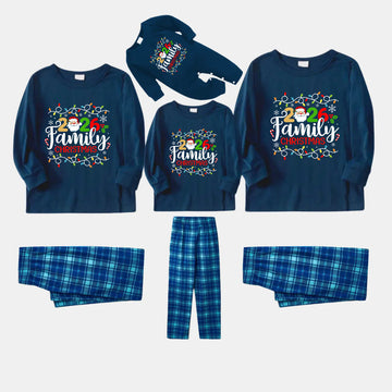 Navy & Sky Blue Plaid Christmas Pajamas Set With Christmas Light and "2026 Family Christmas" Text Print