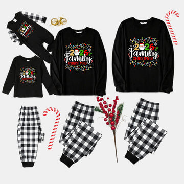 Black and White Plaid Christmas Pajamas Set With Christmas Light and "2026 Family Christmas" Text Print