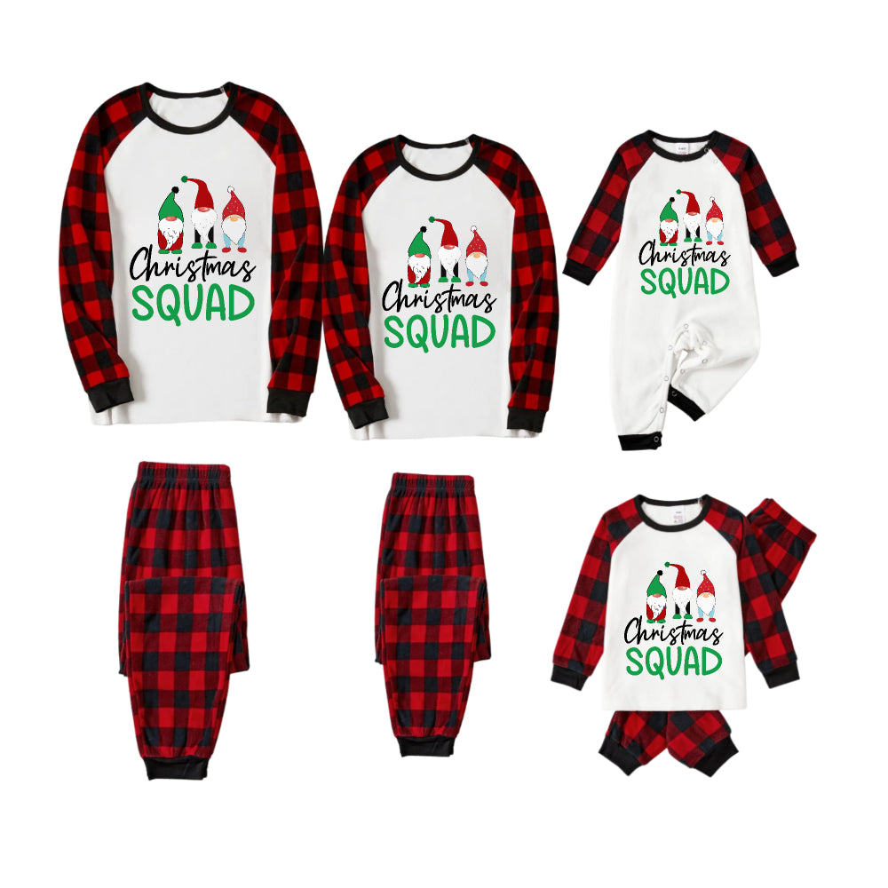 Red and Black Plaid Christmas Pajamas Set With “Christmas Squad” Cartoon Print