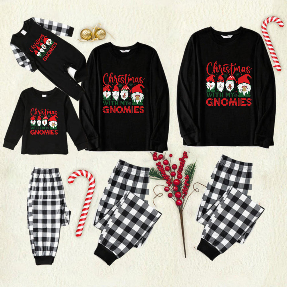 Black and White Plaid Christmas Pajamas Set With Cute Gnome Family and "Christmas With My Gnomies" Colorful Print