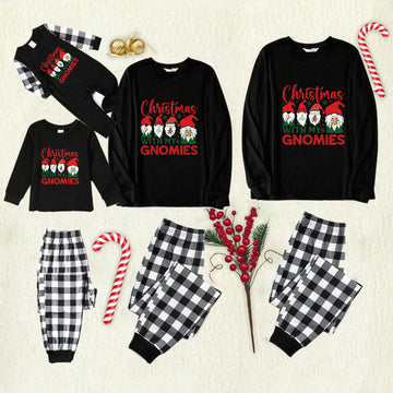 Black and White Plaid Christmas Pajamas Set With Cute Gnome Family and "Christmas With My Gnomies" Colorful Print