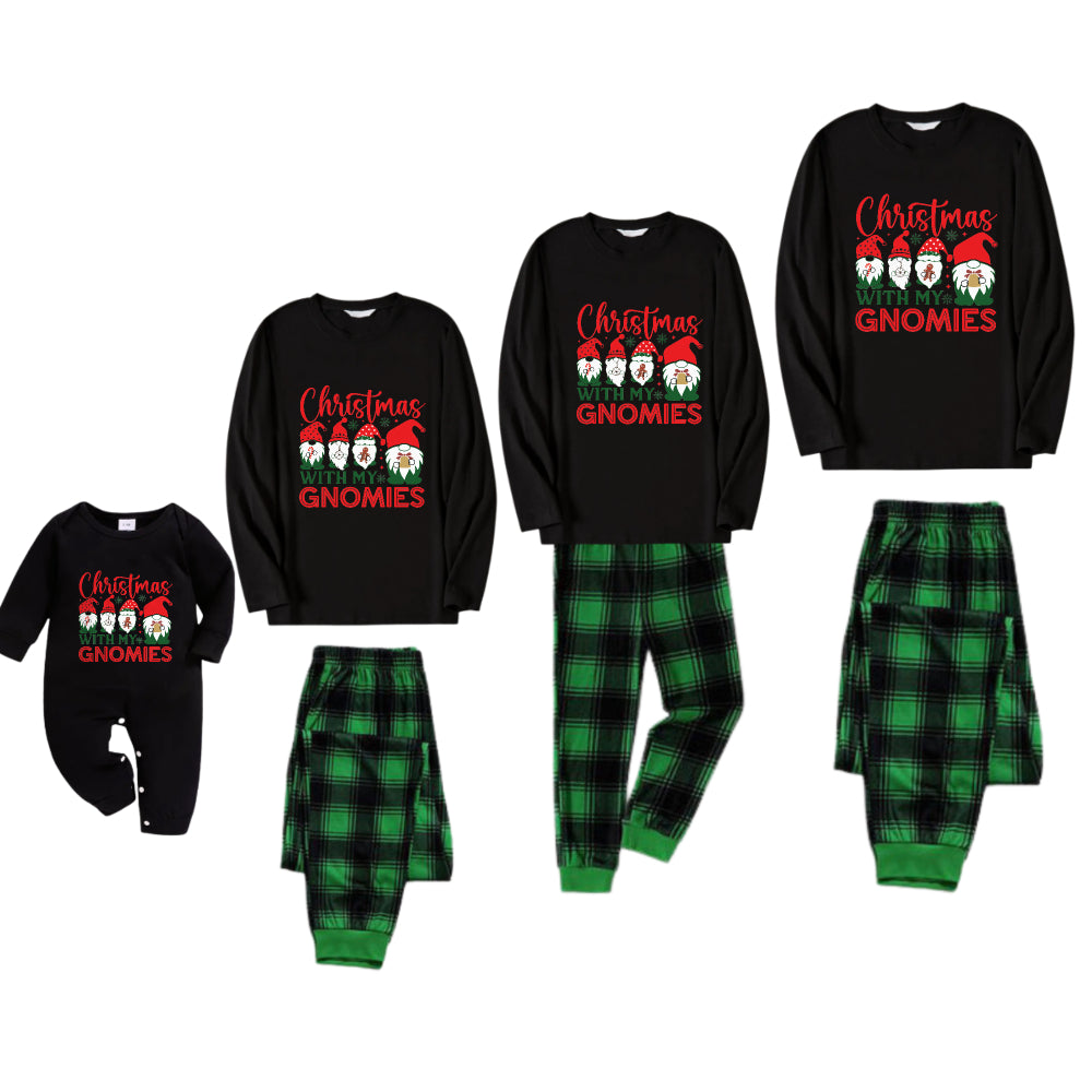 Christmas Family Matching Pajamas-Black Top and Green Plaid Pants Pjs Set with Gnome Family and "Christmas With My Gnomies" Print