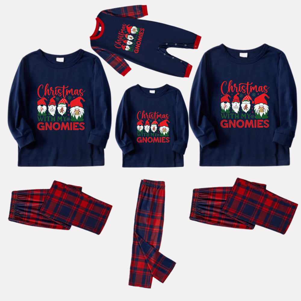 Christmas Family Matching Pajamas-Navy & Red Plaid Pjs Set with "Christmas With My Gnomies" Print