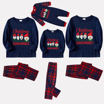 Christmas Family Matching Pajamas-Navy & Red Plaid Pjs Set with "Christmas With My Gnomies" Print