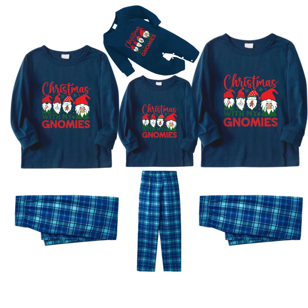 Christmas Family Matching Pajamas-Navy & Sky Blue Plaid Pjs Set with "Christmas With My Gnomies" Slogan Print