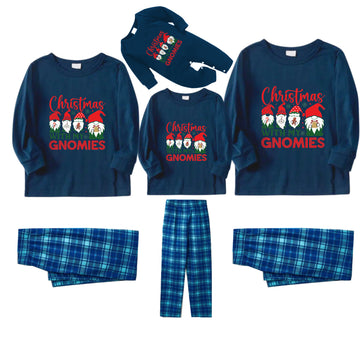 Christmas Family Matching Pajamas-Navy & Sky Blue Plaid Pjs Set with "Christmas With My Gnomies" Slogan Print