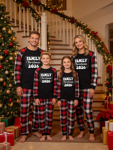 2-Piece Family Matching Christmas Pajama Set, 2026 Family Christmas Holly Print Black Raglan Long Sleeve Top, Red Black White Buffalo Plaid Pants With Side Pockets, Matching Sleepwear For Whole Family Holiday Photos