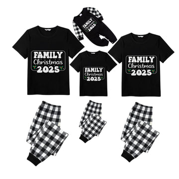 Black and White Plaid Short Sleeve Christmas Pajamas Set With Holiday Slogan Print