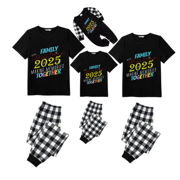Black and White Plaid Short Sleeve Christmas Pajamas Set With Snowflake & Festive Lettering