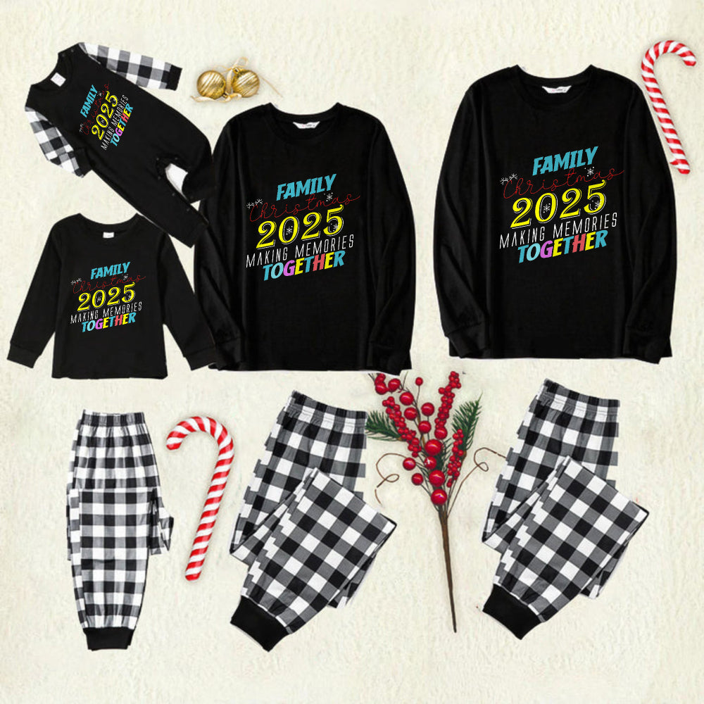 Black and White Plaid Christmas Pajamas Set With "Family Christmas 2025 Making Memories Together" Colorful Text Print