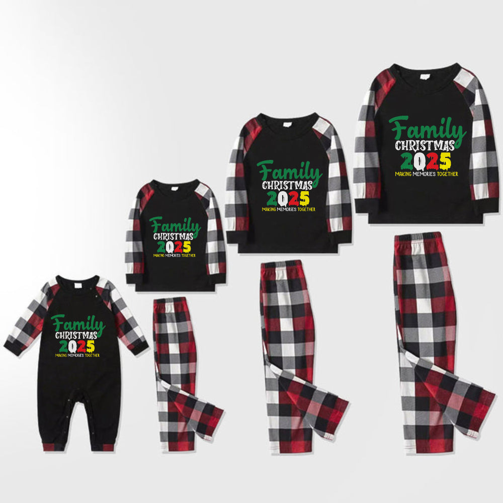 Christmas Family Matching Pajamas-Red and Gray Plaid Pjs set with "Family Christmas 2025" Colorful Print
