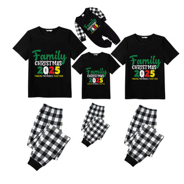 Black and White Plaid Short Sleeve Christmas Pajamas Set With Holiday Slogan Print